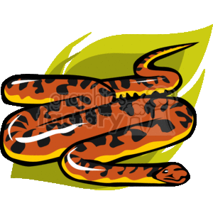 This is a stylized clipart image of a snake. The snake appears with a vivid orange and black patterned body, with white accents suggesting reflections or shiny scales. Its head shows a simple facial representation with two dark spots for eyes, and its tongue is not visible. The snake is set against a background of abstract green and yellow shapes that could be interpreted as leaves or just a colorful backdrop to highlight the animal.
