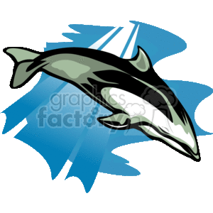 This clipart image depicts a stylized dolphin swimming through water. There are no other fish or ocean animals visible in the picture, just the single dolphin. The background features blue wavy lines, likely representing the movement of water as the dolphin glides through it.