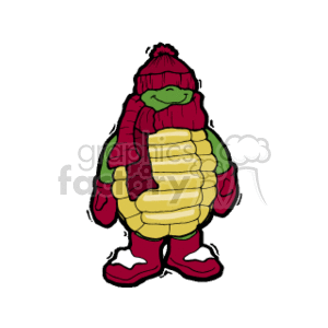 This clipart image depicts a cartoon turtle dressed warmly for winter. The turtle is wearing a green beanie hat, a red and purple striped scarf, and red boots. The turtle's shell is visible from the back, with shades of green and yellow.