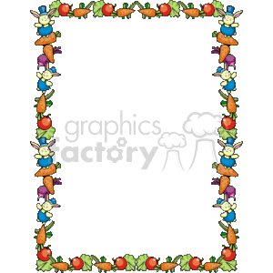The clipart image features a decorative border consisting of a repeating pattern that includes cartoon-like rabbits, carrots, radishes, and green leaves. The rabbits appear in various playful poses, some standing on carrots, while others are upside down or sideways, all contributing to a lively and whimsical frame around a central blank space that can be used for text or other content. The color scheme is bright and cheerful, with the rabbits wearing clothes in different colors like blue, purple, and orange. The vegetables, mainly carrots and radishes, are interspersed between the rabbits, adding to the garden-themed motif of the border.