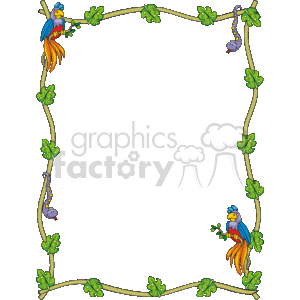 This is a colorful clipart image featuring a tropical or jungle theme as a decorative border. This border includes:
- Two colorful birds, possibly parrots, perched on the vertical sides of the frame, creating a symmetrical look.
- Two snakes, with yellow and purple patterns, hanging from the branches that form the top corners of the frame; each snake appears to be eating a small gray creature.
- Leafy branches that form a rectangular frame around the central empty space, adorned with green leaves, creating the impression of a jungle environment.
The image is designed such that the inner space can be filled with text, making it useful for thematic presentations, invitations, or educational materials.