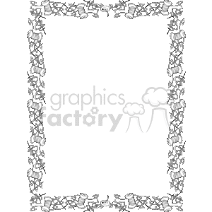 This is a black and white decorative clipart image of a border designed with sewing and knitting related items. The border features several elements such as spools of thread, needles, yarn, and possibly sewing pins. It forms a rectangular frame and is likely used for crafting, sewing, knitting, or textile-themed projects and documents. The elements are stylized and intertwined to create a continuous, ornate pattern along the edges of the rectangular frame.