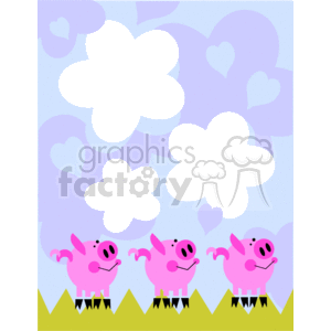 The clipart image features a whimsical scene with three pink pigs at the bottom, each showing a different playful expression or pose. They are standing on a green zigzag pattern, which might represent grass. The background is a sky blue color with violet and light blue hearts of various sizes and shades scattered throughout, creating a sense of fantasy or dreaminess. Above the pigs are three large, white clouds. This image has a border or frame quality due to the distinct foreground and background elements, giving it a contained feeling. It appears to be a lighthearted and cheerful illustration typically used for decorative purposes or perhaps in children's media.