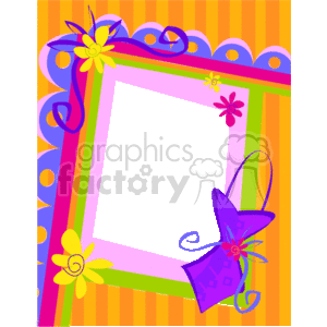 This is a colorful and whimsical clipart image of a decorative frame or border. The frame features a variety of bright colors and patterns, with overlapping stripes in the background. The border of the frame has a scalloped edge along the top decorated with circular patterns, and flowers accentuate the corners and sides. Hanging off the bottom right corner of the frame is a depiction of a purple swimsuit with a bow and a flower, adding to the summery, clothing-themed motif. The center of the frame is a solid black space, likely intended for text or another image to be inserted.