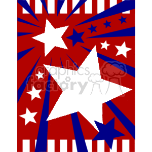 The image is a vibrant and colorful clipart representation of a 4th of July (Independence Day) theme. It features a dynamic arrangement of stars in varying sizes, with a color scheme of red, white, and blue, reminiscent of the American flag. The stars are set against a backdrop of bursts or radiating lines that suggest fireworks or a celebratory explosion. The border or frame design could be used for holiday decorations, invitations, or promotional material for 4th of July events.