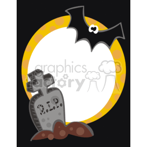 This image is a Halloween-themed clipart featuring a circular border with a yellow and orange polka dot pattern. In the foreground, there is a stylized cartoon bat with eyes and wings at the top, and at the bottom left, a tombstone with R.I.P. written on it, suggesting a grave. The tombstone is partially buried in mounds of earth. The center of the circular border is white, which could be used to place text or other graphic elements. The bat and grave elements, along with the color scheme, are commonly associated with Halloween.