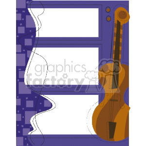 The clipart image features a stylized border/frame with a musical theme. The frame has two rectangular white spaces where text, images, or content can be added. Alongside the left edge of the frame, there's an abstract design that suggests musical notation or sound waves. To the right, there's an illustration of a brown cello, denoting a connection to music. The background is purple with various shades and shapes creating a decorative pattern. Additionally, there are some circles that could represent musical notes near the top right corner, reinforcing the musical motif of the frame.