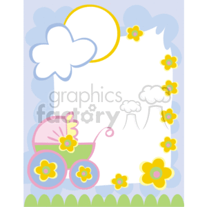 This is a whimsical, pastel-colored clipart image with a border design suitable for a baby-related theme. The illustration features a cheerful scene with the following elements:
- A baby stroller in the bottom left corner, depicted in pink and green with flower motifs on the wheels.
- A border comprised of blue cloud shapes along the top edge and yellow flowers with green centers, spread out along the right edge.
- The bottom border showcases a green grass pattern.
- A large yellow sun partially hidden behind a cloud in the top left corner.
- The background has a light blue sky effect, and the center is a blank white space, which can be used to insert text or additional graphics.