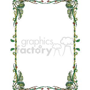 The image is a decorative frame with a jungle or tropical theme. It features motifs of various stylized green leaves and palm-like fronds intertwining to form the borders of the frame. The corners feature larger leaf designs, and throughout the frame, there are small red flower accents. The overall design evokes a sense of lush vegetation and could be used as a border for travel-themed invitations, menus, or any creative project requiring a natural, tropical aesthetic.