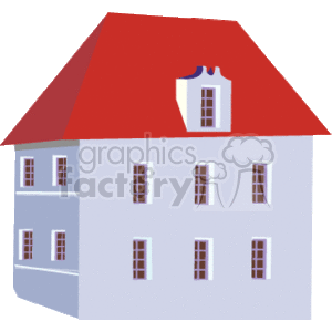 The image is a clipart illustration of a two-story house with a red roof. The house is depicted with multiple windows and a central dormer window on the roof, which also has a red color. This simplistic graphic representation could be used in various materials related to real estate, housing, construction, or realty topics.