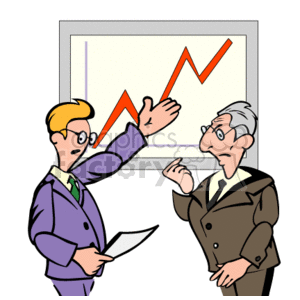 The clipart image features two characters in a business setting, likely representing a professional environment or a corporate meeting. One character, who appears enthusiastic, is gesturing towards a large line chart with an upward trend, which is indicative of positive business performance, growth, or profits. The line chart has a zigzag pattern and is colored orange. The second character seems to be listening or contemplating the information being presented. Both characters are dressed in professional attire, suggesting they are engaged in a business discussion or analysis related to financial, profit, or corporate performance metrics.