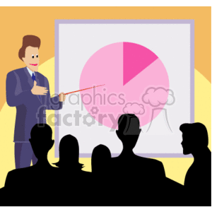 The clipart image depicts a business setting where a presentation is taking place. A man in a suit is standing to the left, holding a pointer directed at a large pie chart on a display board. In front of him, there is an audience of several silhouetted figures, presumably a group of colleagues or business professionals, attentively watching the presentation. The scene suggests a discussion of business metrics, financial results, or corporate strategies, where the pie chart is likely representing some form of statistical data relevant to the company or topic being addressed. The keywords provided with the image highlight various elements such as charts, business, profits, and meetings, which are all typical in a corporate or business environment.