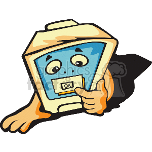 This is a cartoon-style clipart image of an anthropomorphized computer monitor. The monitor has a face, arms, and hands, with one hand pressing an OK button on its screen. This kind of artwork is typically used to add a playful or humorous element to topics related to computers, electronics, digital technology, or business computing.