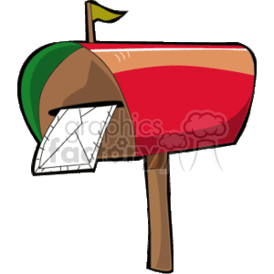 The clipart image shows a stylized mailbox with its flag raised, indicating outgoing mail. The mailbox is predominantly red with a brown base and green accent on the top. The door of the mailbox is open, and several white envelopes are visibly sticking out. This image is associated with themes like postal services, communication, and business supplies.