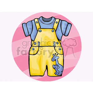 Blue shirt with yellow bib overalls with a blue giraffe on the leg