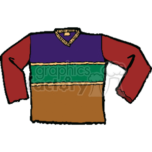 The clipart image displays a sweater with a v-neck collar. The sweater features horizontal stripes in purple, green, and brown, with the sleeves appearing in a reddish hue.