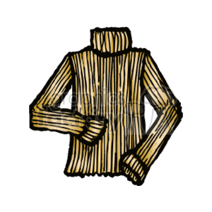 The image depicts a ribbed turtleneck sweater. It's characterized by its vertical, textured stripes and the high neck collar that can be folded over. The sweater also appears to be long-sleeved.