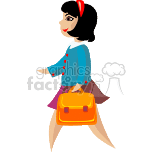 This clipart image shows a stylized cartoon of a young girl with a happy expression on her face, hinting at a cheerful or enthusiastic attitude towards learning or going back to school. She has a short dark haircut, is wearing a red headband, a blue cardigan with red buttons over a cream or light-colored dress, and is carrying a large, prominent orange school bag.
