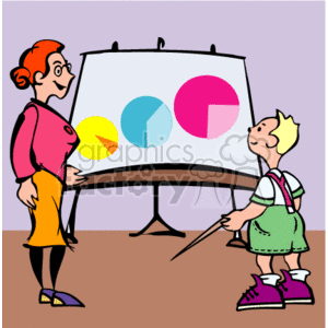 The clipart image depicts a teacher in a classroom setting, standing beside a pie chart on a whiteboard or flip chart, looking on as a young student, who appears enthusiastic and determined, uses a pointer to analyze or indicate a segment of the pie chart. Both the teacher and student are colorfully illustrated, with the teacher sporting red hair and glasses, and the student wearing a green outfit with purple shoes. The teacher is smiling approvingly at the student's engagement, creating a sense of a productive and positive educational environment.