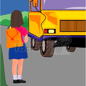 Cartoon student waiting to get on a yellow school bus