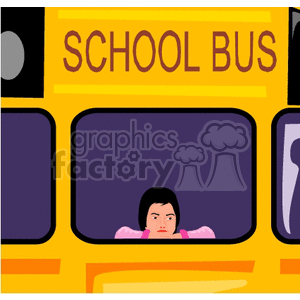Cartoon student upset looking out of the back window of a school bus
