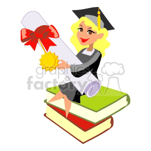 A Graduate Sitting on a Stack of Books Holding her Diploma