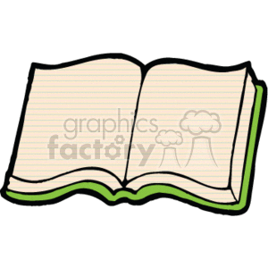 The image is a simple cartoon-style clipart of an open book with lined pages, suggesting a notebook or journal commonly used in an educational setting.