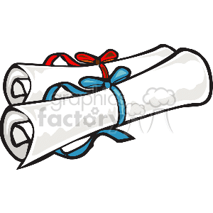 This clipart image features two rolled-up diplomas tied with ribbons. One ribbon is red and the other is blue. The diplomas are depicted with a cartoon-like style and appear as scrolls typically associated with academic achievements.