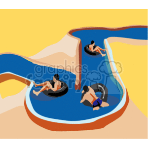 The clipart image depicts a water slide at an amusement park with individuals on inflatable tubes enjoying the ride. The slide has a curving blue track and there are splashes of water around, indicating motion and the fun atmosphere typical of an amusement park water ride.