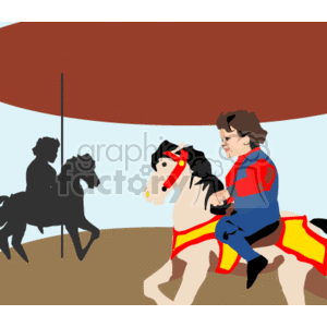 In the clipart image, there is a child riding a carousel horse. The horse is adorned with a red bridle and a gold and red saddle blanket. The child appears to be enjoying the ride. In the background, there is a silhouette of another carousel horse with a rider, which creates a feeling of depth, suggesting that there are more horses and riders on the merry-go-round. The top part of the image shows a red canopy which is typical for a carousel structure. The central pole of the carousel is also visible, providing structural support for the ride.
