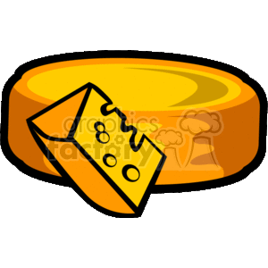 The image is a clipart representation of cheese. It features a large round wheel of cheese with a wedge cut out. The wedge is standing on its thinner end next to the wheel, displaying the classic holes or eyes that some cheeses have.