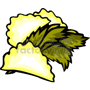 The clipart image depicts two yellow dumplings, probably meant to represent a type of meat-filled dumpling, garnished with a green herb, such as parsley or cilantro, which is common in food presentation to add color and flavor.