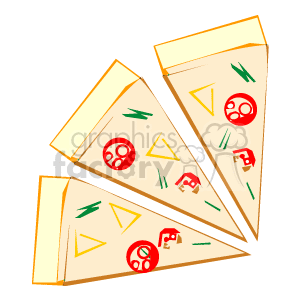 The clipart image shows three slices of pizza with its toppings. The toppings include what appears to be red tomato slices (or possibly pepperoni), green herbs or spices, and yellow cheese. The slices are arranged in a scattered fashion, not connected as a whole pizza. The image is very simple in style