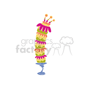 The clipart image displays a tall, multilayered cake with multiple tiers, each one decorated with different colors and designs, presumably icing. The cake is adorned with candles on the top. It is presented balancing on a cake stand.