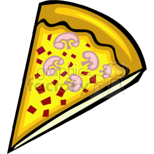 The clipart image shows a single slice of pizza with various toppings. The toppings appear to be mushrooms, and possibly chunks of ham or pepperoni. The pizza slice has a golden crust, yellow cheese, and is depicted in a stylized, cartoon-like illustration.