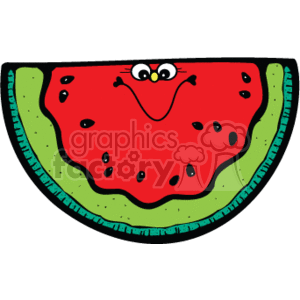 The clipart image features a cartoon-style watermelon slice with a happy, anthropomorphic face. The watermelon has a bright red interior dotted with black seeds, and its rind is green with a lighter green inner layer, typical of a watermelon's appearance.