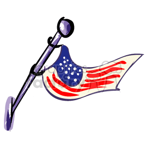 The clipart image depicts a stylized American flag, with stars and stripes, attached to a pole that is topped with a circular finial. The flag appears to be waving, suggesting movement or the presence of wind. This image is symbolic of American patriotism and is associated with Independence Day celebrations in the United States.