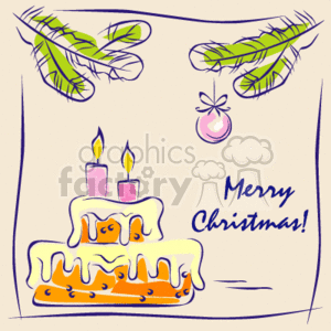 This is a simplified, stylized clipart image featuring a two-tiered Christmas cake with candles on top, surrounded by festive decorations. The cake has icing dripping down its sides and is adorned with a smiling face. Above the cake, there are two holly leaves with berries, and a single ornament hanging from the top. The image has a sketch-like quality with a purple and orange color scheme set against a beige background. The words Merry Christmas! are inscribed below the cake, adding a holiday greeting to the image.