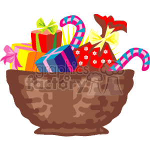 This clipart image portrays a brown basket filled with various colorful gifts and candy canes, representing a festive Christmas holiday theme.
