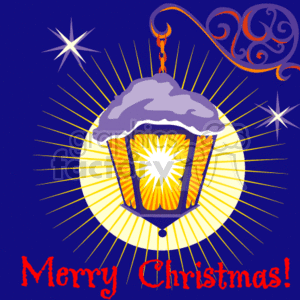 This clipart image depicts a festive holiday lantern hanging against a night sky. The lantern is illuminated from within, casting bright light rays in all directions. It's topped with a layer of snow, indicating a cold, wintry setting. White stars are scattered across the blue background, enhancing the Christmassy feel. Below the lantern, the phrase Merry Christmas! is written in red, festive lettering, adding to the celebratory mood of the picture.