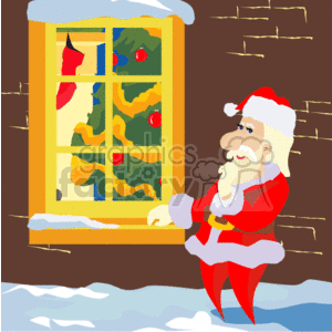 The clipart image shows Santa Claus standing outside by a window, looking inside. The window frames a decorated Christmas tree with ornaments. The background suggests it's a brick building, likely a home, and there is snow on the windowsill and ground, indicating winter and the Christmas season.