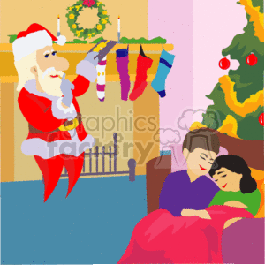 The clipart image depicts a classic Christmas Eve scene. There are several key elements present:
1. Santa Claus, dressed in his traditional red and white suit, is tiptoeing and holding his index finger to his lips in a shushing gesture, indicating the need for quiet.
2. Two children are sleeping on a couch beneath a blanket, seemingly unaware of Santa's presence.
3. A decorated Christmas tree with ornaments and lights stands in the background to the right.
4. A mantel with hung stockings, presumably waiting to be filled with gifts, is visible behind Santa.
5. The scene suggests a warm, indoor holiday setting with festive decorations.