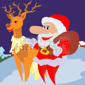 This clipart image depicts a jolly Santa Claus in his iconic red suit with white fur trim, a wide black belt with a gold buckle, and a red hat with a white pompom. Santa is holding what seems to be a sack slung over his shoulder, which likely contains presents. He is standing next to a cheerful reindeer with a tan coat and large antlers. The setting appears to be a snowy night, evident from the snow-covered ground and the deep blue night sky in the background.