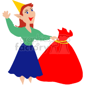 The image shows a cartoon depiction of a female Christmas elf. She has pointed ears, is wearing a green top, a blue skirt, and a yellow pointed hat. Her hair is brown, and she appears to be smiling and waving. The elf is holding a big red bag that looks like Santa's sack, commonly associated with carrying gifts. The style is simple and colorful, suggesting it could be used in a festive holiday context.
