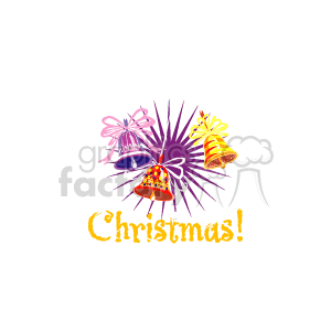 The clipart image contains three Christmas bells with decorative bows, and explosive or radiant lines suggesting celebration or ringing, all under the stylized word Christmas! with stars around it. The bells are adorned with patterns and are colored pink, yellow, and red, respectively.