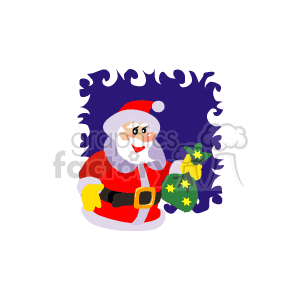 The clipart image depicts Santa Claus wearing his traditional red and white suit and hat, holding a green sack with yellow stars on it. The background is purple with a festive, jagged border that could suggest a Christmas tree silhouette or holiday decorations.