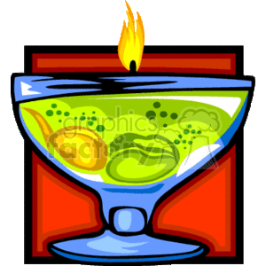 This clipart image depicts a stylized representation of a large Christmas candle in a dish. The candle is shown in a decorative glass holder with a blue base and red accents. The wax inside the holder appears to be green with yellow swirls or perhaps other decorative elements, and it has a single flame burning at the top.