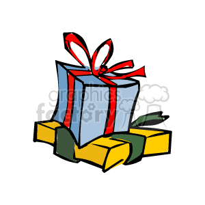 The clipart image shows two wrapped gift boxes, one on top of the other. The top gift box is blue with a red ribbon and a bow, while the bottom one is yellow with a green ribbon. These gifts are commonly associated with Christmas or holiday season giving.