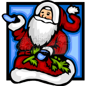 The image is a clipart of Santa Claus. He is depicted in his traditional red suit and hat, with a white beard and gloved hands. Santa is sitting and appears cheerful, with one hand raised in a welcoming gesture. The background is stylized with blue shapes that might suggest a snowy window or a cold winter's night. There are hints of green, resembling Christmas tree branches, and the overall colors are festive, matching the Christmas theme.