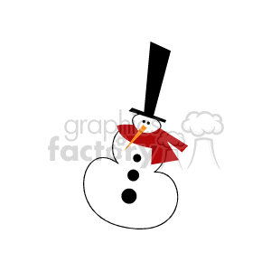 This clipart image features a snowman with a carrot nose, wearing a black top hat and a red scarf. The snowman has three black buttons down its front.